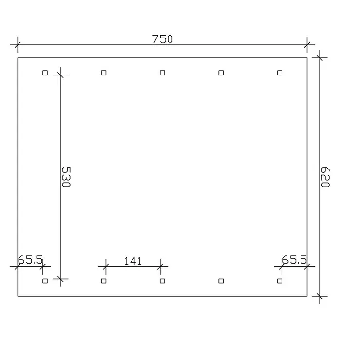 SKAN HOLZ Carport Wallgau - Außenmaß inkl. Dachüberstand (B x T): 6,2 x 7,5 m, Doppelcarport, Schiefergrau, Rote Bitumenschindeln - Eine technische Zeichnung einer rechteckigen Platte mit Bohrungen, die die Abmessungen und die Lochpositionen detailliert darstellt.