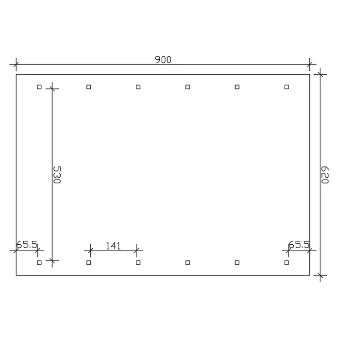 SKAN HOLZ Carport Wallgau - Außenmaß inkl. Dachüberstand (B x T): 6,2 x 9 m, Doppelcarport, Farbe Dach: Schwarz - Eine technische Zeichnung mit Maßen und einer rechteckigen Form mit mehreren kleinen Quadraten darin, die Ankerpunkte darstellen.