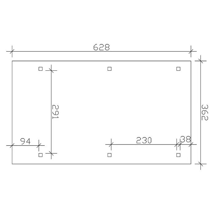 SKAN HOLZ Carport Wendland - Außenmaß inkl. Dachüberstand (B x T): 3,62 x 6,28 m, Einzelcarport, Natur, Farbe Dach: Anthrazit, Dachschalung mit EPDM-Folie - Abbildung eines rechteckigen Objekts mit mehreren Quadraten und Maßangaben für dessen Abmessungen und die Position der Quadrate.