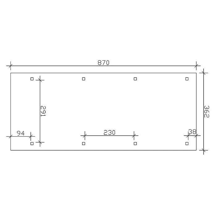 SKAN HOLZ Carport Wendland - Außenmaß inkl. Dachüberstand (B x T): 3,62 x 8,7 m, Einzelcarport, Eiche Hell, Farbe Dach: Anthrazit, Aluminium-Dachplatten - Technische Zeichnung eines rechteckigen Objekts mit quadratischen Aussparungen und Maßangaben, die die Abmessungen und Positionen der Elemente zeigen.