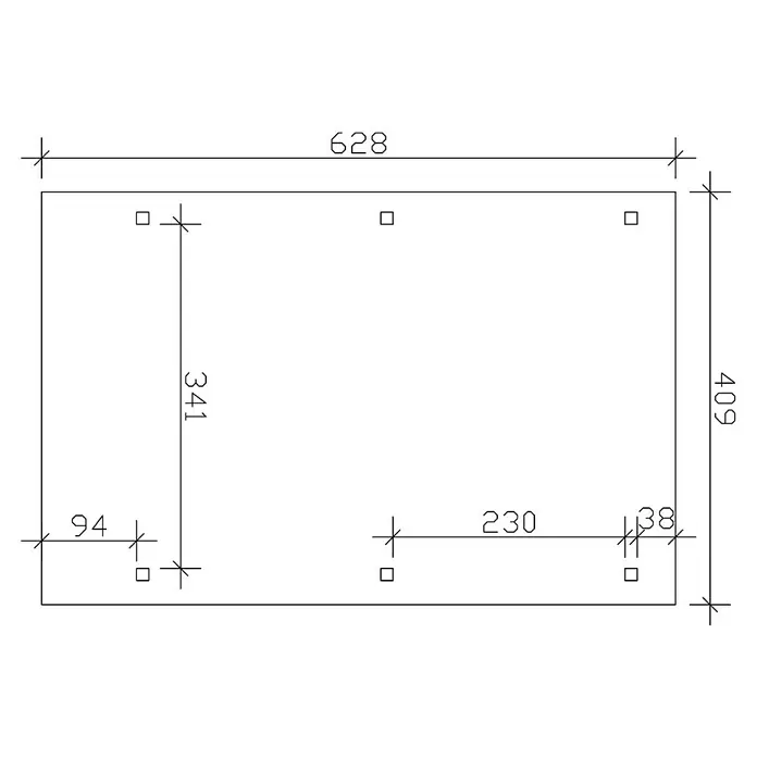 SKAN HOLZ Carport Wendland - Außenmaß inkl. Dachüberstand (B x T): 4,09 x 6,28 m, Einzelcarport, Schiefergrau, Farbe Dach: Anthrazit, Materialspezifizierung Dach: EPDM-Folie, Fichte - Technische Zeichnung eines rechteckigen Objekts mit Bemaßungen und Bohrungen. Die Abmessungen sind 628 x 409 mm.
