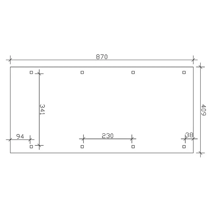 SKAN HOLZ Carport Wendland - Außenmaß inkl. Dachüberstand (B x T): 4,09 x 8,7 m, Einzelcarport, Nussbaum, Farbe Dach: Anthrazit, Materialspezifizierung Dach: EPDM-Folie, Fichte - Draufsicht eines rechteckigen Objekts mit Löchern, die durch Maßangaben gekennzeichnet sind. Das Objekt misst 870x409 mm.