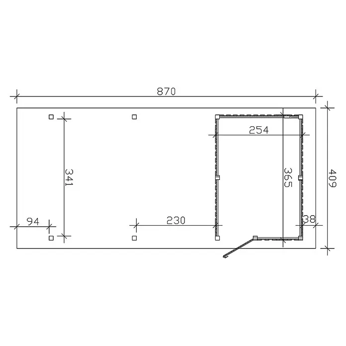 SKAN HOLZ Carport Wendland - Außenmaß inkl. Dachüberstand (B x T): 4,09 x 8,7 m, Einzelcarport, Eiche Hell, Farbe Dach: Anthrazit, Materialspezifizierung Dach: EPDM-Folie, Fichte, Mit Abstellraum - Schema des Produkts mit Maßangaben, das die Abmessungen des Artikels und wichtige Details zeigt.