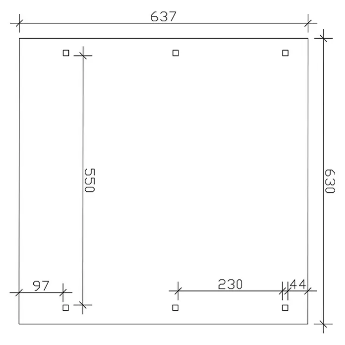 SKAN HOLZ Carport Wendland - Außenmaß inkl. Dachüberstand (B x T): 6,3 x 6,37 m, Doppelcarport, Eiche Hell, Farbe Dach: Anthrazit, Materialspezifizierung Dach: Aluminium-Dachplatten - Technische Zeichnung einer quadratischen Platte mit Bohrungen und Bemaßungen für Konstruktionszwecke.