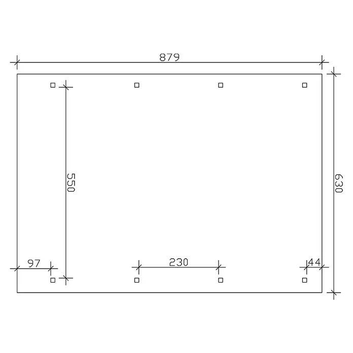SKAN HOLZ Carport Wendland - Außenmaß inkl. Dachüberstand (B x T): 6,3 x 8,79 m, Doppelcarport, Eiche Hell, Materialspezifizierung Dach: EPDM-Folie, Fichte, Ohne Abstellraum - Technische Zeichnung eines rechteckigen Objekts mit Maßangaben und quadratischen Aussparungen, detailliert und präzise dargestellt.