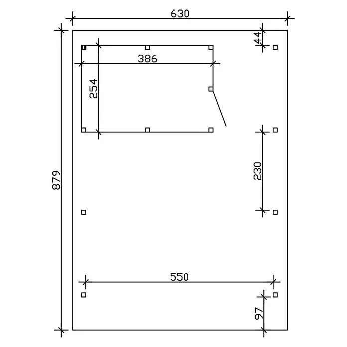 SKAN HOLZ Carport Wendland - Außenmaß inkl. Dachüberstand (B x T): 6,3 x 8,79 m, Doppelcarport, Natur, Materialspezifizierung Dach: EPDM-Folie, Fichte, Mit Abstellraum - Eine technische Zeichnung zeigt ein Rechteck mit diversen Maßangaben und kleineren Rechtecken im Inneren.