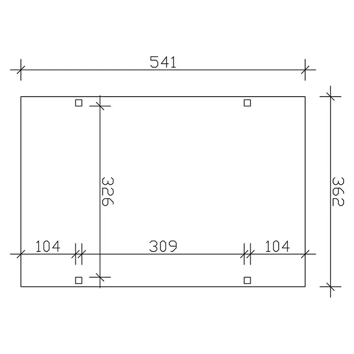 SKAN HOLZ Carport Westerwald - Außenmaß inkl. Dachüberstand (B x T): 3,62 x 5,41 m, Einzelcarport, Weiß - Rechteckiger Bauplan mit Bemaßung der Länge 541 und Breite 362, sowie Innenmaßen von 326 und 309, inklusive kleiner Quadrate.