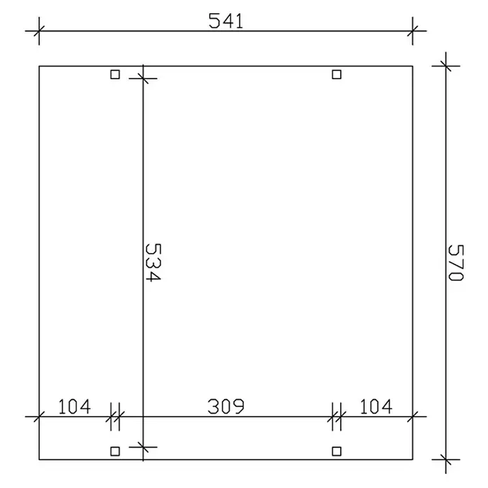 SKAN HOLZ Carport Westerwald - Außenmaß inkl. Dachüberstand (B x T): 5,7 x 5,41 m, Doppelcarport, Nussbaum - Technische Zeichnung einer Platte mit Maßangaben zu Länge, Breite und Positionierung von Löchern.
