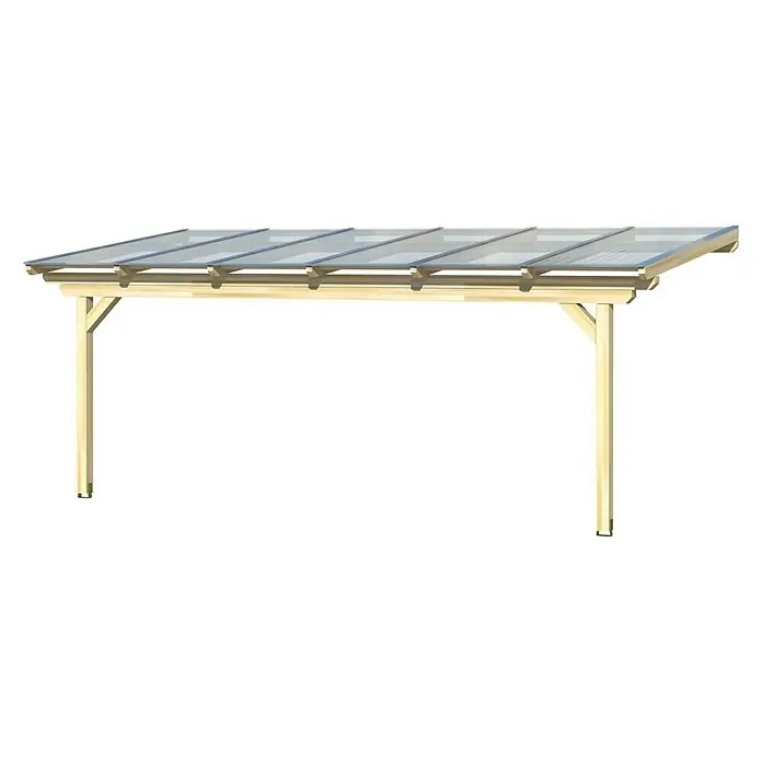 Skan Holz Terrassenüberdachung AnconaB x T: 648 x 400 cm, Eiche hell, Polycarbonat, Transparent - Diese Abbildung zeigt einen Carport mit Holzrahmen und transparentem Dach, ideal für den Schutz Ihres Fahrzeugs vor Witterungseinflüssen.