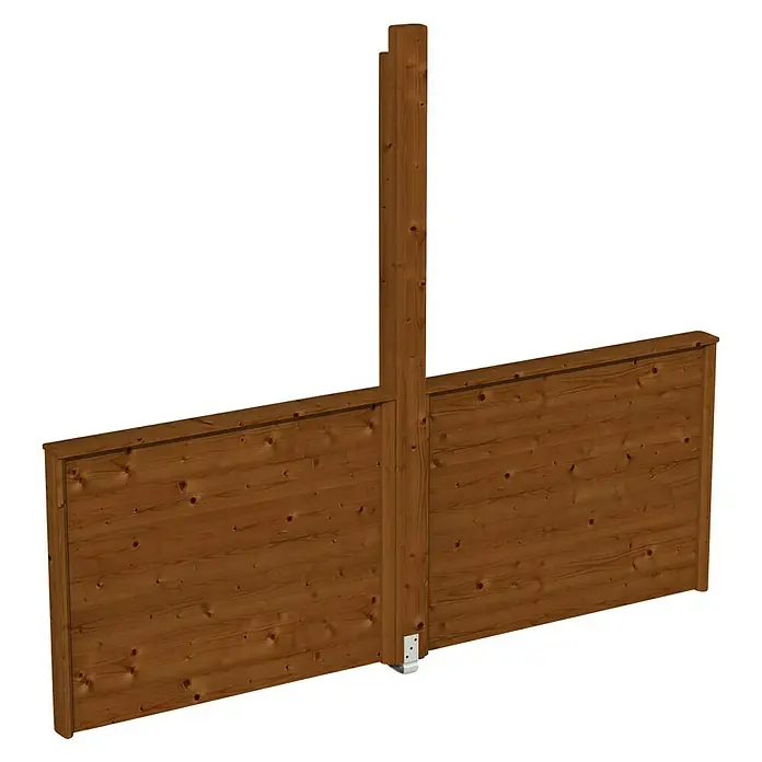 Skan Holz BrüstungsgeländerPassend für: Skan Holz Pavillon Toulouse, Nussbaum - Ein Holzzaunfeld in warmen Brauntönen mit einem stabilen Pfosten in der Mitte, ideal für Privatsphäre und Gartengestaltung.