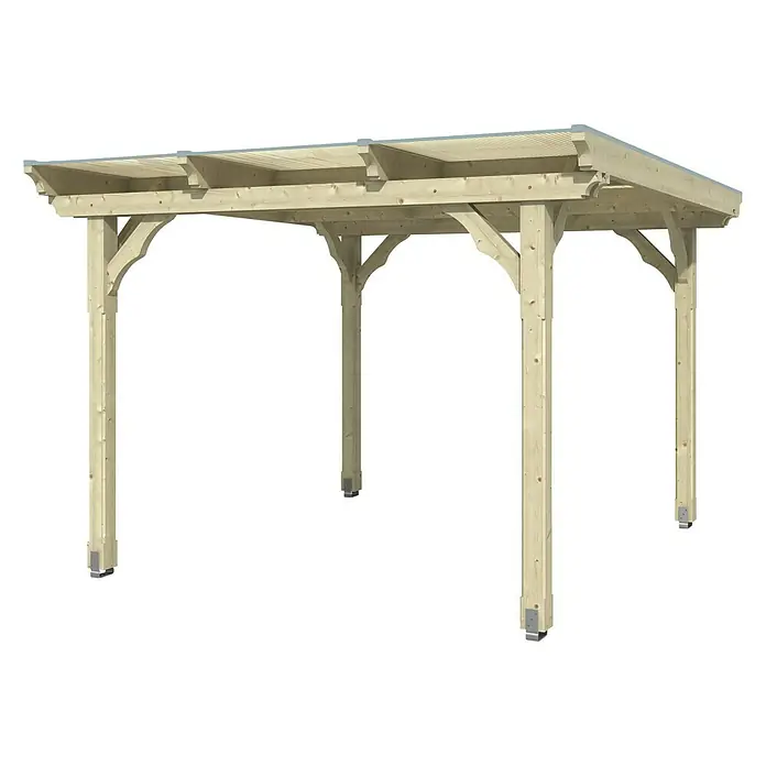 SKAN HOLZ Pavillon Marseille - L x B: 350 x 327 cm, Natur - Diese Abbildung zeigt eine Pergola aus Holz, die einen stilvollen, schattigen Bereich im Freien bietet. Die Holzkonstruktion verleiht dem Gartenambiente eine natürliche Note.
