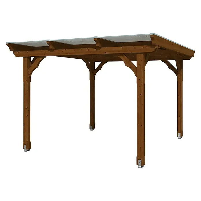 SKAN HOLZ Pavillon Marseille - L x B: 350 x 327 cm, Nussbaum - Ansicht eines stilvollen Holzpavillons mit gewölbten Trägern und einem transparenten Dach, ideal für Gärten und Terrassen.