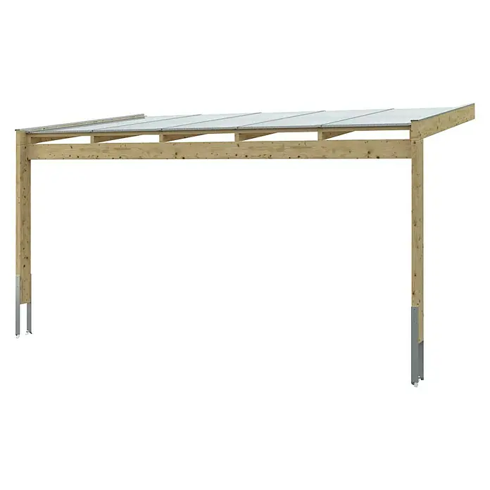 Skan Holz Terrassenüberdachung NovaraB x T: 557 x 309 cm, Natur, Polycarbonat, Transparent - Das Bild zeigt eine moderne Holzkonstruktion, vermutlich ein Carport, mit einem transparenten Dach und stabilen Pfosten, die auf Metallfüßen stehen.