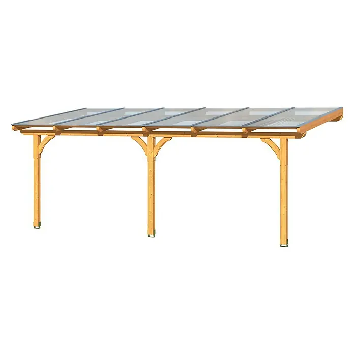 Skan Holz Terrassenüberdachung RiminiB x T: 648 x 250 cm, Nussbaum, Polycarbonat, Transparent - Eine Carport-Struktur aus Holz mit transparentem Dach. Ideal als Unterstand für Fahrzeuge oder als überdachte Terrasse.