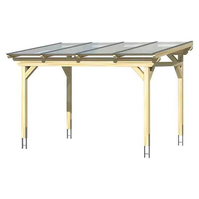 SKAN HOLZ Terrassenüberdachung Sanremo - B x T: 434 x 250 cm, Eiche Hell, Fichtenholz - Das Bild zeigt ein modernes Carport aus hellem Holz mit einer transparenten Überdachung. Die Konstruktion wirkt stabil und minimalistisch.