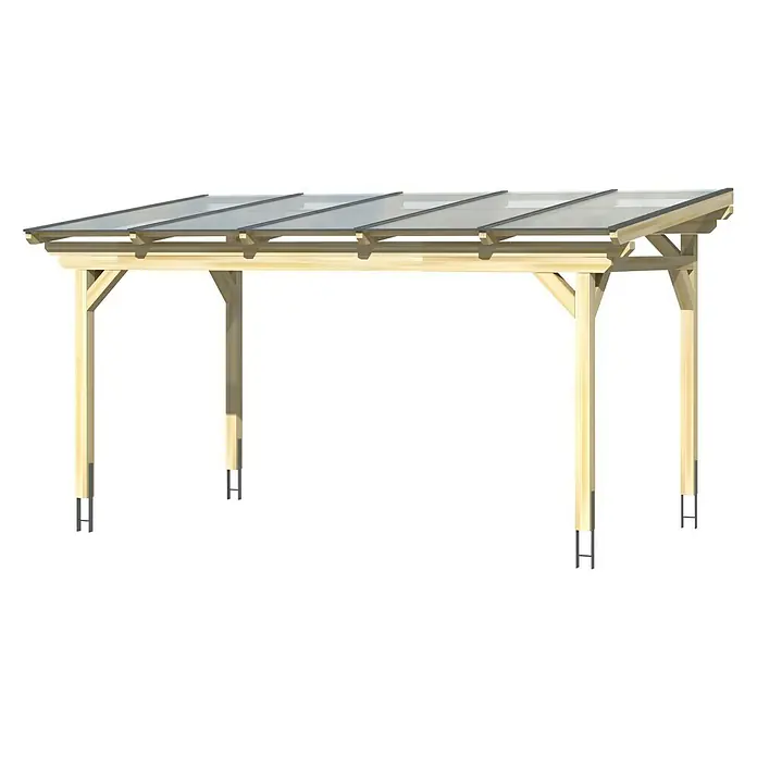 SKAN HOLZ Terrassenüberdachung Sanremo - B x T: 541 x 350 cm, Eiche Hell, Fichtenholz - Das Bild zeigt ein Carport mit transparentem Dach, dessen Holzkonstruktion auf vier Pfosten ruht, die auf Metallankern befestigt sind.