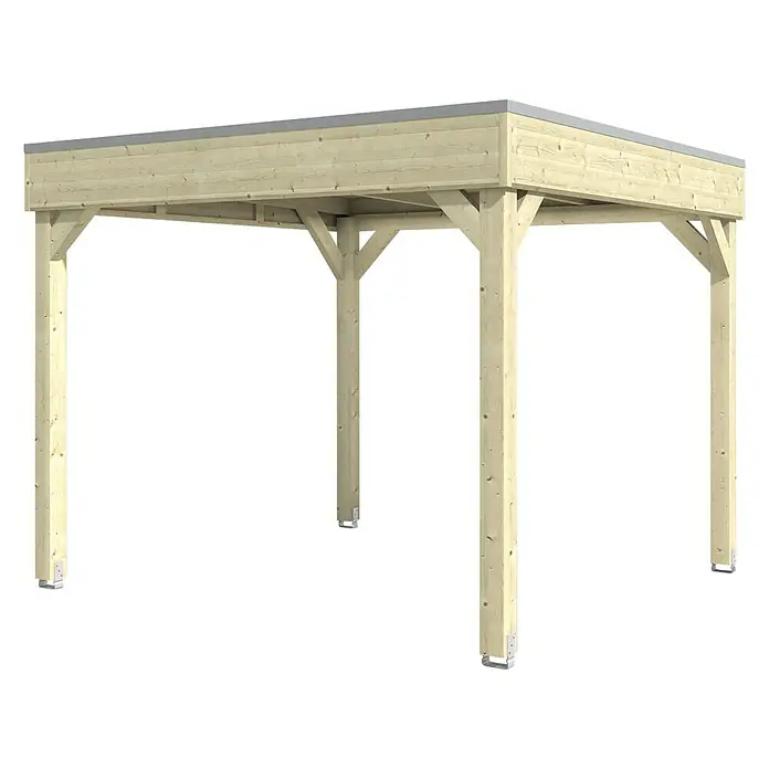 SKAN HOLZ Pavillon Toulouse - B x T: 302 x 302 cm, Holz, Natur - Ein Carport mit einem hellen Holzrahmen und einem grauen Dach. Ideal zum Schutz Ihres Autos vor Witterungseinflüssen.