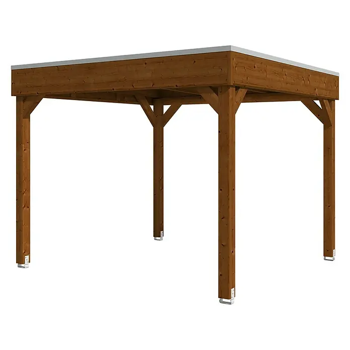 SKAN HOLZ Pavillon Toulouse - B x T: 302 x 302 cm, Holz, Nussbaum - Diese Aufnahme zeigt ein detailreiches Holz-Carport mit flachem Dach auf einem schwarzen Hintergrund. Das Carport besticht durch seine Bauweise.