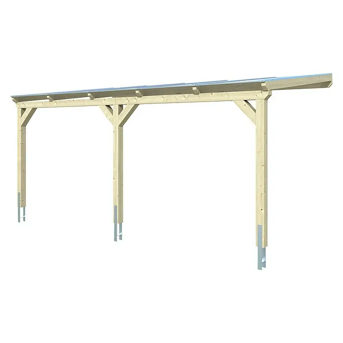 SKAN HOLZ Carport Vogtland - Außenmaß inkl. Dachüberstand (B x T): 3 x 5,41 m, Einzelcarport, Natur - Eine hölzerne Terrassenüberdachung mit Metallsockeln, die Schutz und eine stilvolle Erweiterung des Außenbereichs bietet.
