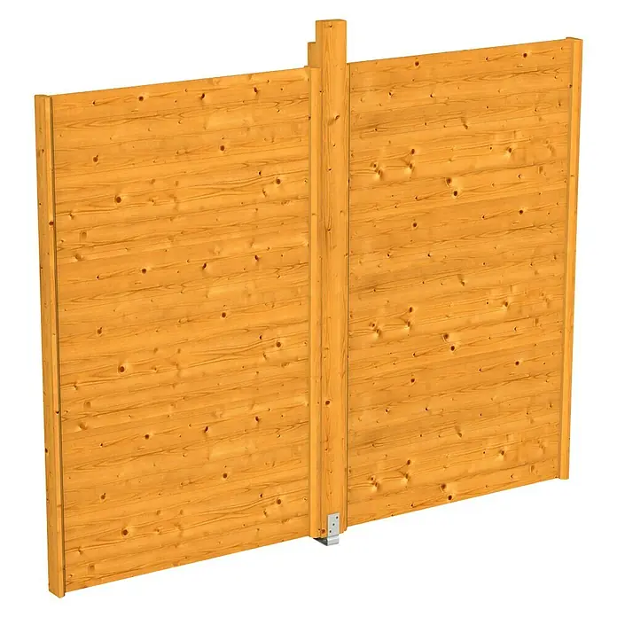 SKAN HOLZ Pavillon-Seitenwand - B x H: 270 x 209 cm, Passend für: Skan Holz Pavillon Toulouse, Eiche Hell, Ohne Lichtband - Nahaufnahme eines Zaunelements aus hellem Holz mit horizontalen Brettern und einem stabilisierenden Pfosten.