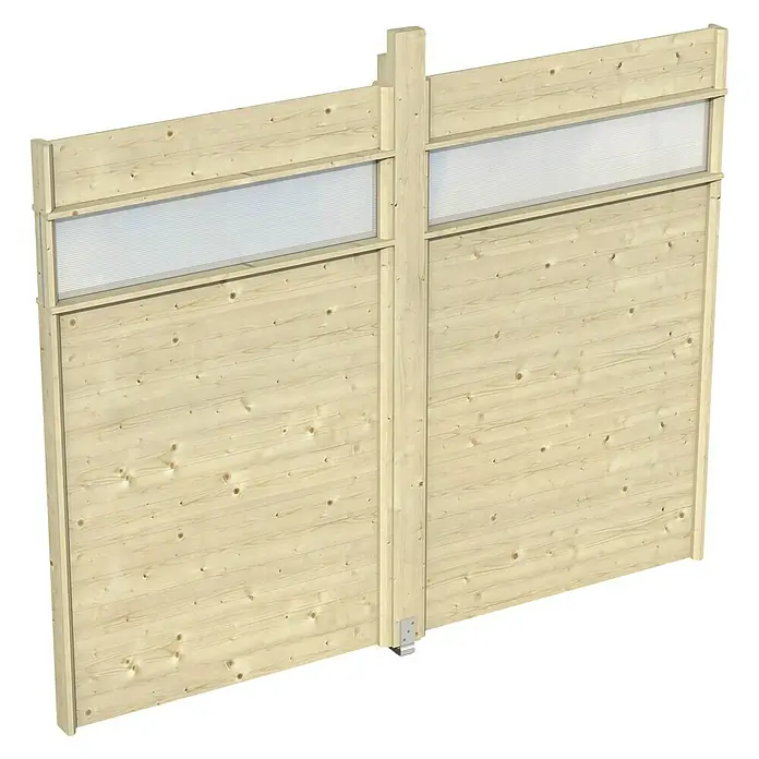 SKAN HOLZ Pavillon-Seitenwand - B x H: 270 x 209 cm, Passend für: Skan Holz Pavillon Toulouse, Natur, Mit Lichtband - Produktansicht einer Holzwand mit transparenten Feldern. Die Wand besteht aus hellen Holzbrettern und einem stabilen Rahmen. Ideal für den Garten.