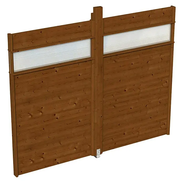 SKAN HOLZ Pavillon-Seitenwand - B x H: 270 x 209 cm, Passend für: Skan Holz Pavillon Toulouse, Nussbaum, Mit Lichtband - Abbildung eines Holzzauns mit transparentem Einsatz. Der Zaun ist braun und hat eine moderne Optik. Ideal zur Abgrenzung und als Sichtschutz.