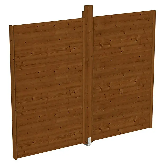 Skan Holz Pavillon-SeitenwandB x H: 270 x 209 cm, Passend für: Skan Holz Pavillon Toulouse, Nussbaum, Ohne Lichtband - Nahaufnahme einer Holzgartenwand mit braunen Holzpaneelen, die eine natürliche und robuste Ästhetik für den Außenbereich bietet.