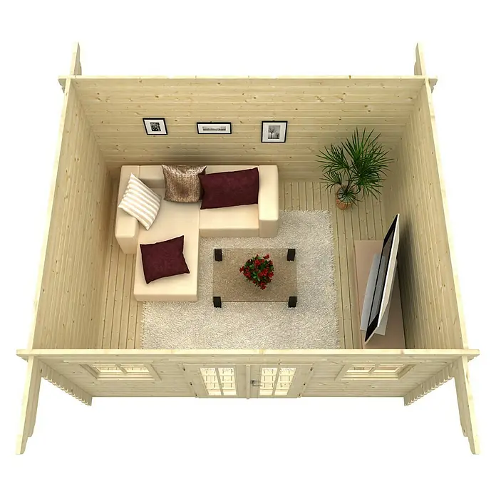 SKAN HOLZ Gartenhaus Davos 1 - Außenmaß inkl. Dachüberstand (B x T): 480 x 430 cm, Holz, Natur - Ansicht von oben auf ein Blockhaus mit einem Sofa, einem Couchtisch und einem Fernseher. Das Blockhaus ist aus hellem Holz gefertigt.