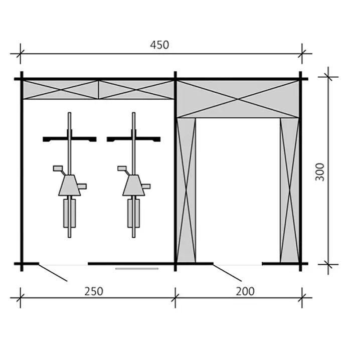 SKAN HOLZ Gartenhaus Lausanne - Außenmaß inkl. Dachüberstand (B x T): 530 x 380 cm, Holz, Natur, Grundfläche: 13,5 m² - Grundriss eines Fahrradschuppens mit zwei Fahrrädern und den Maßen 450x300 cm, mit einer Aufteilung von 250 cm und 200 cm.