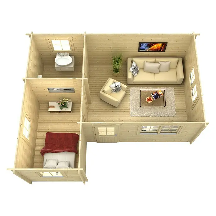 Skan Holz Gartenhaus OntarioAußenmaß inkl. Dachüberstand (B x T): 680 x 580 cm, Holz, Natur, Dachschalung & Dachlattung - Grundriss eines Holzhauses mit Schlafzimmer, Bad und Wohnzimmer, eingerichtet mit Sofa, Tisch und Bett.