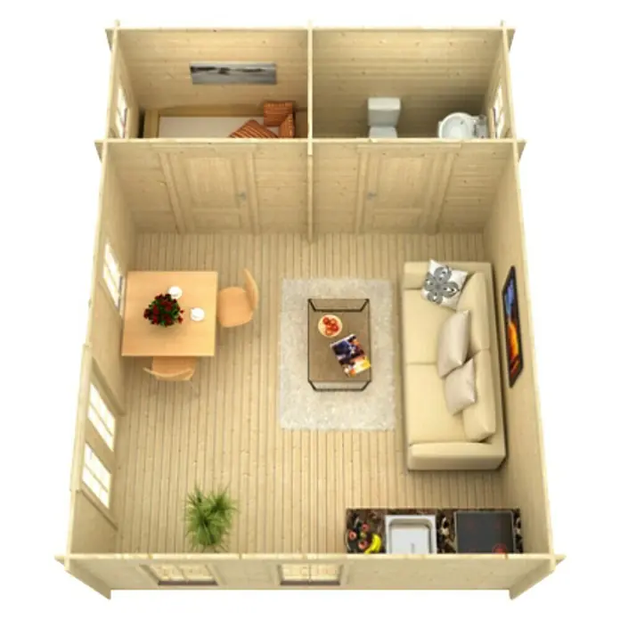 Skan Holz Gartenhaus Toronto 2Außenmaß inkl. Dachüberstand (B x T): 500 x 640 cm, Holz, Natur, 23,52 m², Dachschalung & Dachlattung - Grundriss eines Holzhauses mit Wohnzimmer, Küche, Bad und Schlafzimmer. Die Einrichtung ist einfach und funktional gestaltet.