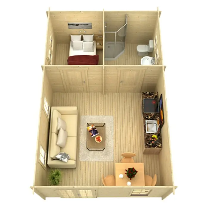Skan Holz Gartenhaus Toronto 4Außenmaß inkl. Dachüberstand (B x T): 500 x 740 cm, Holz, Natur, 27,72 m², 1 Lage Dachschalung - Ansicht eines hölzernen Blockhauses mit Schlafzimmer, Bad, Wohnbereich mit Sofa und Essbereich.