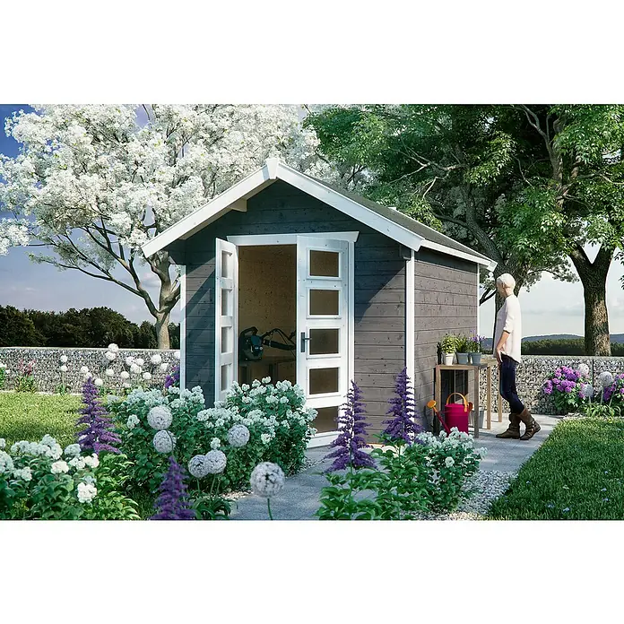 SKAN HOLZ Gartenhaus Hengelo - Außenmaß inkl. Dachüberstand (B x T): 280 x 355 cm, Holz, Schiefergrau - Eine Gartenlaube mit geöffneter Tür, umgeben von blühenden Blumen, schafft einen idyllischen Rückzugsort.