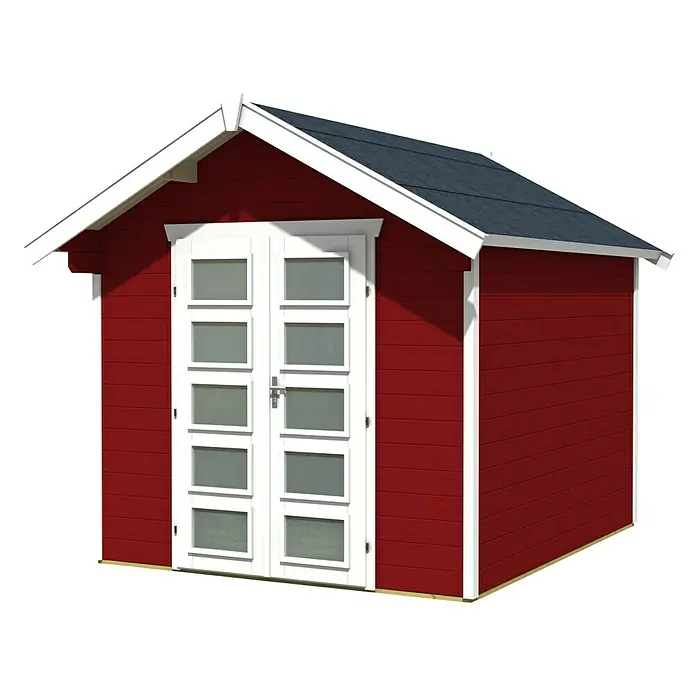 SKAN HOLZ Gartenhaus Hengelo - Außenmaß inkl. Dachüberstand (B x T): 280 x 355 cm, Holz, Schwedenrot - Abbildung eines roten Holzgartenhauses mit weißen Fenstern und Türrahmen sowie einem dunklen Dach. Ideal für Gartengeräte oder als Hobbyraum.