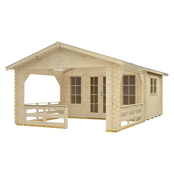 SKAN HOLZ Gartenhaus Holmestrand - Außenmaß inkl. Dachüberstand (B x T): 420 x 650 cm, Holz, Natur - Ein helles Holzgartenhaus mit überdachter Veranda und Fenstern, das einen gemütlichen Rückzugsort im Freien bietet.