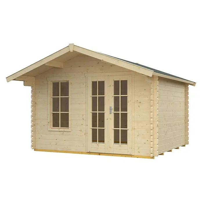 SKAN HOLZ Gartenhaus Langesund 2 - Außenmaß inkl. Dachüberstand (B x T): 380 x 400 cm, Holz, Natur - Abbildung eines Holzgartenhauses. Das Gartenhaus verfügt über ein Doppeltür- und Fensterdesign und ist für den Außenbereich konzipiert.