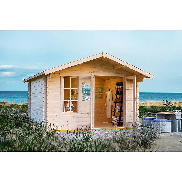 SKAN HOLZ Gartenhaus Langesund 2 - Außenmaß inkl. Dachüberstand (B x T): 380 x 400 cm, Holz, Natur - Einladendes Blockhaus mit offener Tür, das ein entspanntes Ambiente am Strand verspricht, komplett mit Fenster und dekorativer Inneneinrichtung.