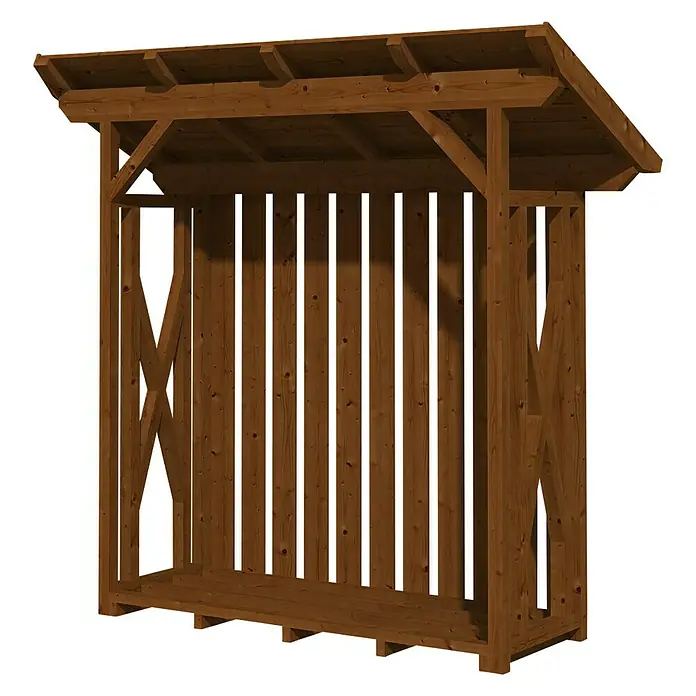 SKAN HOLZ Kaminholzregal Lars 1 - 240 x 102 x 234 cm, Holz, Nussbaum - Das Bild zeigt ein Holzlager mit Dach. Es ist aus Holz gefertigt und bietet Platz zum Aufbewahren von Brennholz.