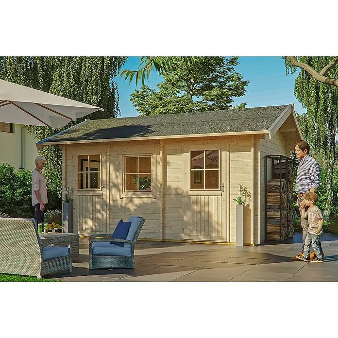 SKAN HOLZ Gartenhaus Lausanne - Außenmaß inkl. Dachüberstand (B x T): 530 x 380 cm, Holz, Natur, Grundfläche: 13,5 m² - Ein gemütliches Gartenhaus mit Familie im Grünen. Entspannung pur auf der Terrasse mit Gartenmöbeln und Sonnenschirm.