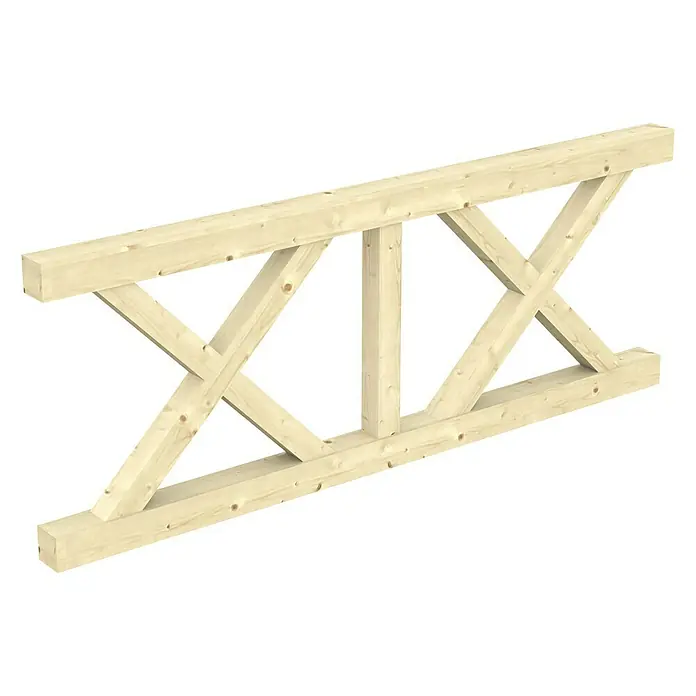 SKAN HOLZ Brüstungsgeländer Andreaskreuz - Passend für: Skan Holz Leimholz-Terrassenüberdachungen, Pfostenabstand 220 cm, Natur - Abgebildet ist ein hölzerner Dachbinder in Fachwerkbauweise, bestehend aus hellen, unbehandelten Holzstücken, ideal für rustikale oder industrielle Innenräume.