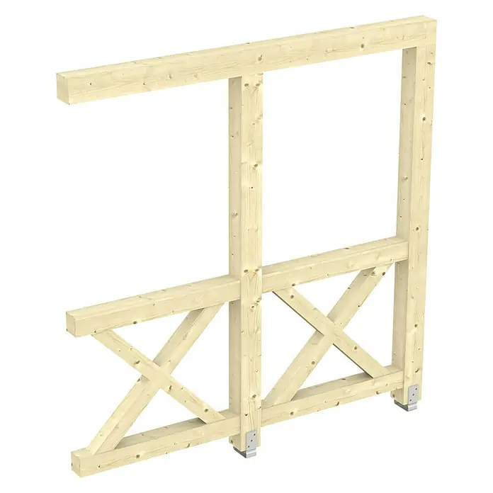 SKAN HOLZ Seitenwand Andreaskreuz - Passend für: Skan Holz Leimholz-Terrassenüberdachungen, Tiefe 250/239 cm, Natur - Das Bild zeigt eine Holzkonstruktion, möglicherweise ein Rahmen oder ein Teil eines größeren Bauwerks, auf einem schwarzen Hintergrund.