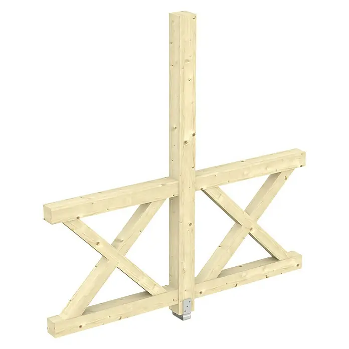 Skan Holz Seitenwand AndreaskreuzPassend für: Skan Holz Leimholz-Terrassenüberdachungen, Tiefe 250/239 cm, freistehend, Natur - Bild eines Holzrahmenbaus mit vertikalen und diagonalen Verstrebungen. Ideal für stabile und ästhetische Konstruktionen im Bauwesen.