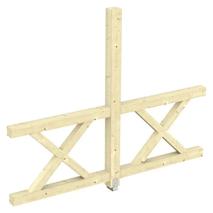 SKAN HOLZ Seitenwand Andreaskreuz - Passend für: Skan Holz Leimholz-Terrassenüberdachungen, Tiefe 300/289 cm, freistehend, Natur - Ansicht eines Holzbausatzes, bestehend aus horizontalen und vertikalen Balken mit Kreuzverstrebungen für Stabilität und Tragfähigkeit.