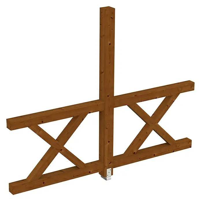 SKAN HOLZ Seitenwand Andreaskreuz - Passend für: Skan Holz Leimholz-Terrassenüberdachungen, Tiefe 300/289 cm, freistehend, Nussbaum - Visualisierung eines Holzrahmens mit einer stabilen vertikalen Stütze und dekorativen diagonalen Verstrebungen. Ideal für rustikale Bauprojekte.