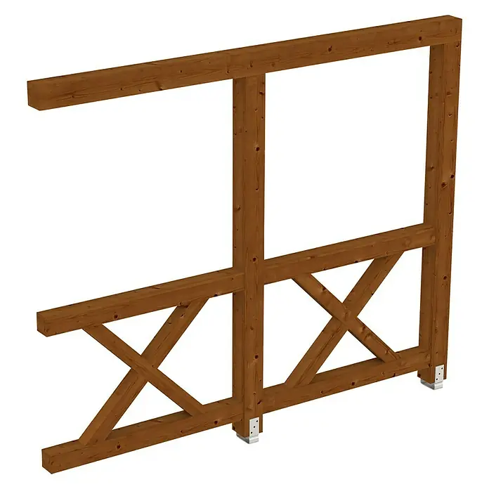 SKAN HOLZ Seitenwand Andreaskreuz - Passend für: Skan Holz Leimholz-Terrassenüberdachungen, Tiefe 300/289 cm, Nussbaum - Detailaufnahme eines Holzrahmen-Bauprojekts mit X-förmigen Streben, das Stabilität und rustikalen Charme für jedes Gartenprojekt bietet.