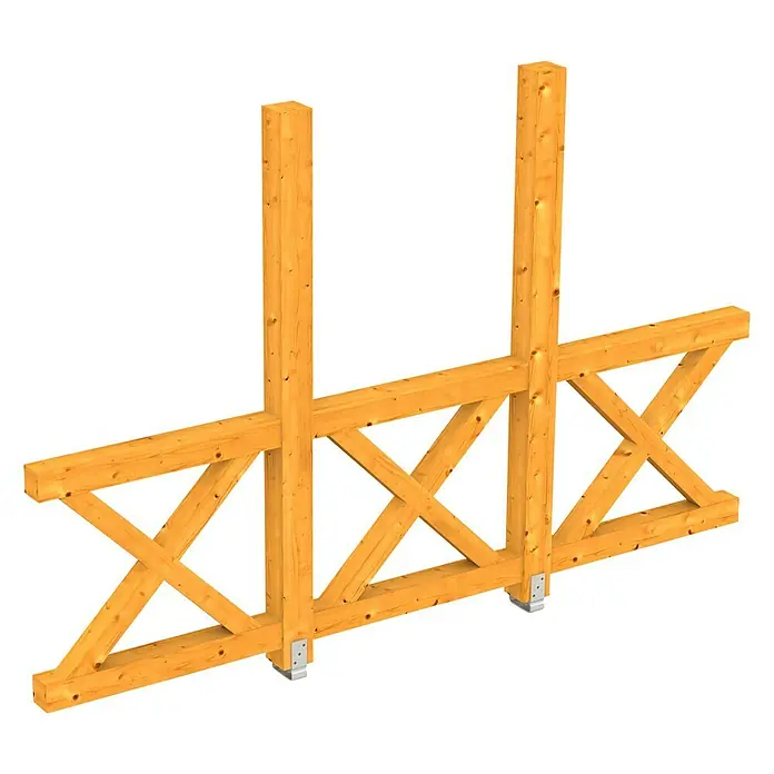 Skan Holz Seitenwand AndreaskreuzPassend für: Skan Holz Leimholz-Terrassenüberdachungen, Tiefe 350/339 cm, freistehend, Eiche Hell - Stabile Holzkonstruktion mit Pfosten und gekreuzten Streben, ideal für den Bau von robusten Außenstrukturen wie Pergolen oder Carports.