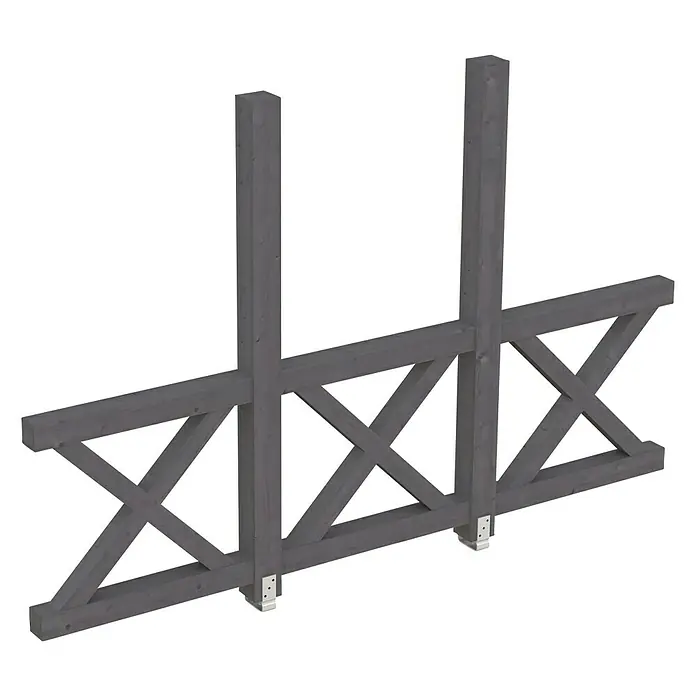 Skan Holz Seitenwand AndreaskreuzPassend für: Skan Holz Leimholz-Terrassenüberdachungen, Tiefe 350/339 cm, freistehend, Schiefergrau - Nahaufnahme einer grauen Holzgartenpergola mit einer dekorativen Kreuzstruktur und stabilen Pfosten auf einer schwarzen Oberfläche.