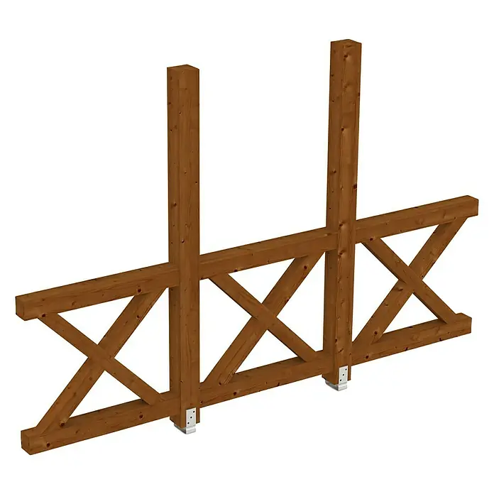 Skan Holz Seitenwand AndreaskreuzPassend für: Skan Holz Leimholz-Terrassenüberdachungen, Tiefe 350/339 cm, freistehend, Nussbaum - Detailansicht eines dekorativen Holzrahmens mit Kreuzstreben und zwei vertikalen Pfosten, ideal für Gartenprojekte.