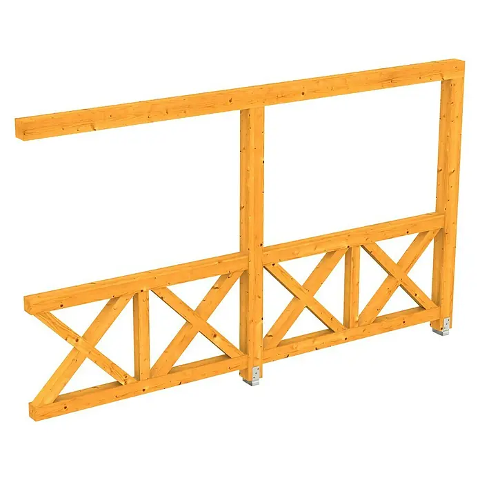 SKAN HOLZ Seitenwand Andreaskreuz - Passend für: Skan Holz Leimholz-Terrassenüberdachungen, Tiefe 400/389 cm, Eiche Hell - Detailansicht einer Holzrahmenkonstruktion mit dekorativen Kreuzstreben und stabilen Stützfüßen. Ideal für den Garten- und Landschaftsbau.