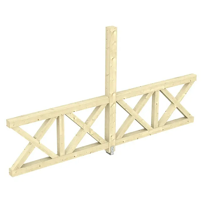 SKAN HOLZ Seitenwand Andreaskreuz - Passend für: Skan Holz Leimholz-Terrassenüberdachungen, Tiefe 400/389 cm, freistehend, Natur - Hölzerne Torbogenstruktur mit einem einzelnen senkrechten Pfosten, der eine rustikale und dennoch moderne Optik bietet.